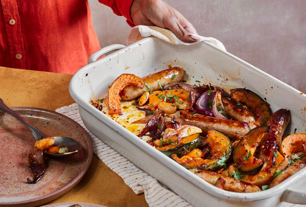 One-pan harissa sausage and bean bake