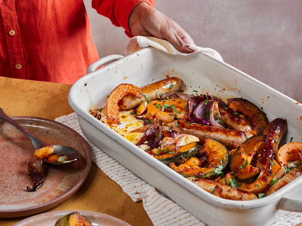 One-pan harissa sausage and bean bake